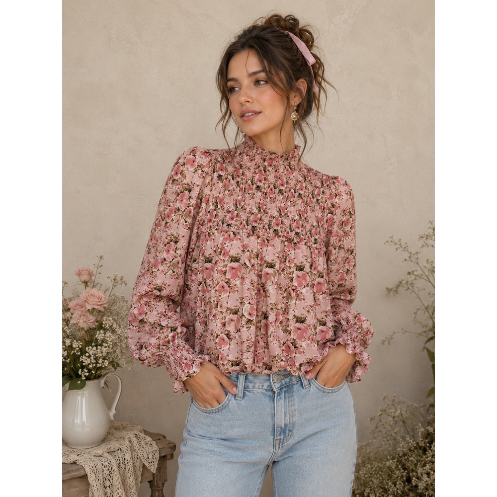 THML Floral Blouse Womens L/XL Pink Smocked Victorian Coquette Cottagecore